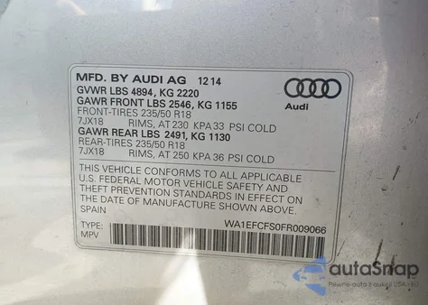 2015 Audi Q3 2.0T Premium Plus z USA, uszkodzony, nr VIN WA1EFCFS0FR009066